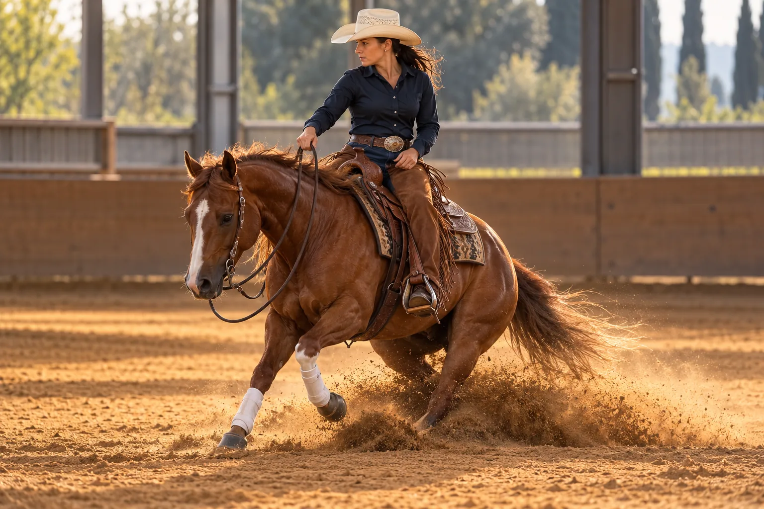 Cavaliera in rollback in arena coperta con polvere dietro il cavallo