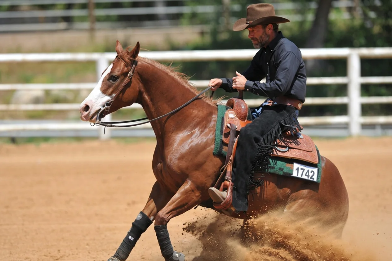 Cavallo sauro in sliding stop di profilo, con sabbia sollevata